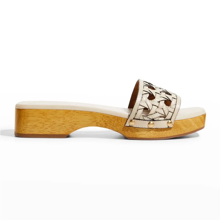 Nwt Tory Burch Basket Weave Clog Women’s Leather Healed Cream Tan